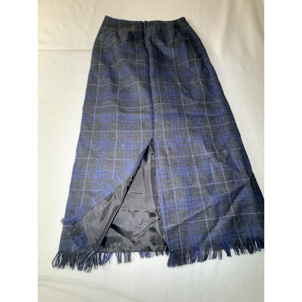 Harve Benard Sport Size 8 Grey Blue Purple Plaid Pencil Skirt 100%‎ Wool Fringe - Picture 2 of 11